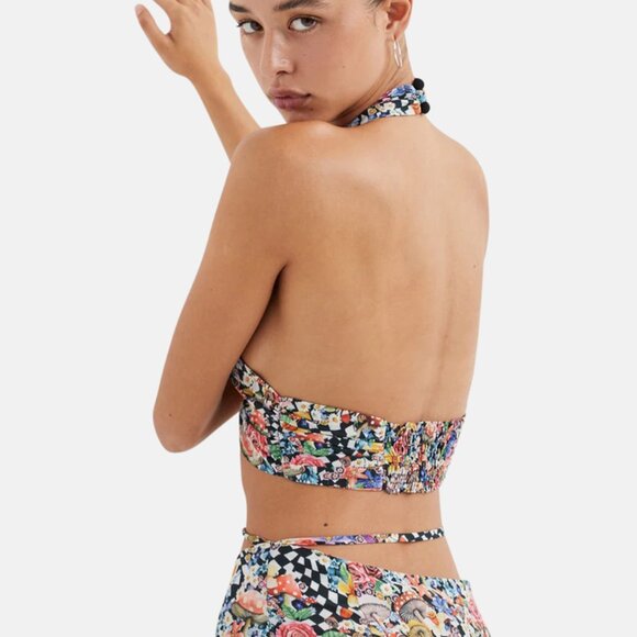 NWT For Love & Lemons Deidre Checkered Mushroom Print Cross Front Halter Top - Picture 3 of 10